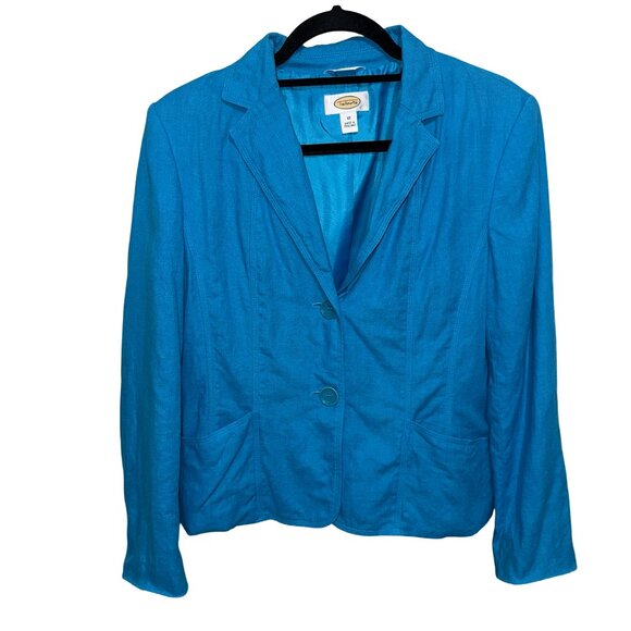 Talbots Irish Linen Turquoise Blazer Button Up Collared Pockets Women's 12 - Picture 1 of 11